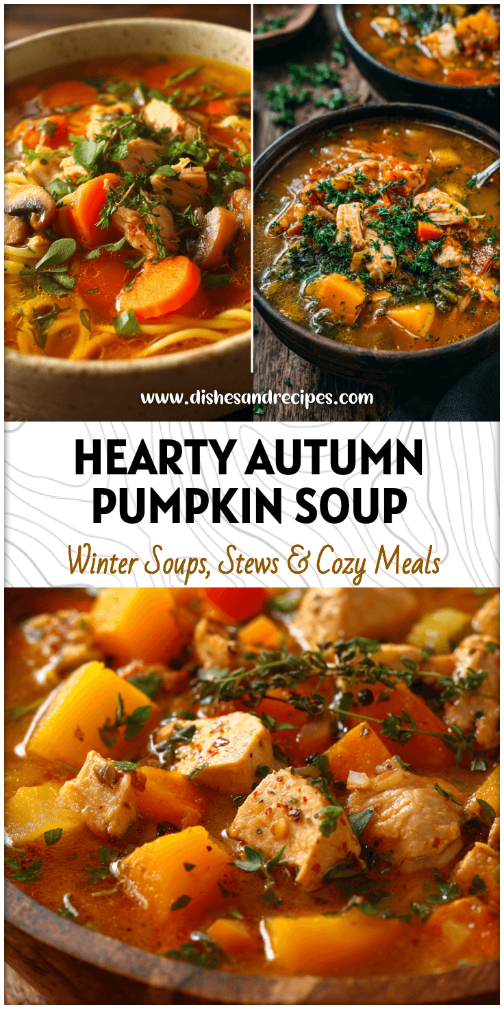 A rustic bowl of chunky pumpkin chicken soup with fresh herbs and colorful fall vegetables.